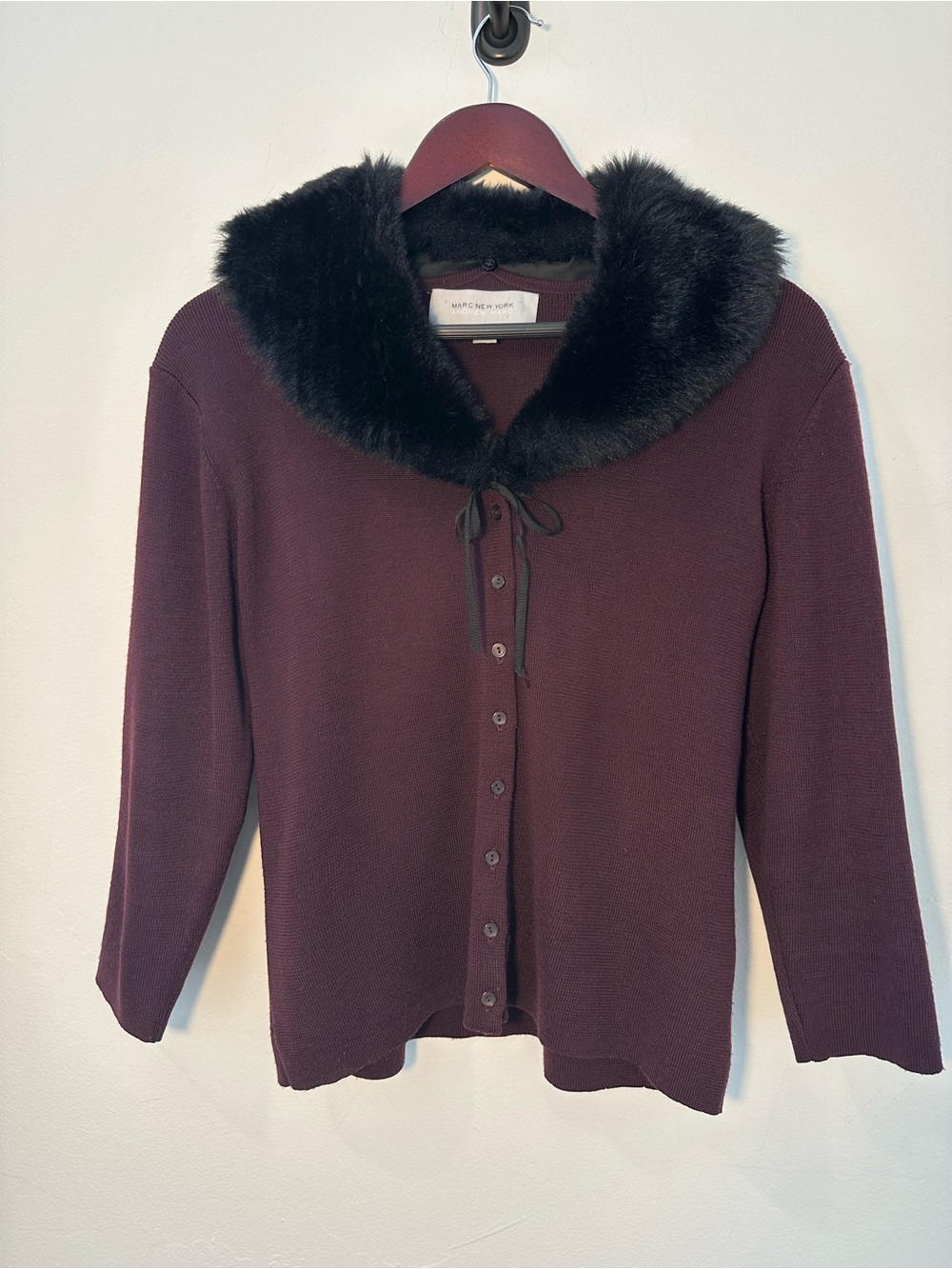 Marc New York Plush Faux-Fur Collar Button-Front Sweater Cardigan - Burgundy - Picture 2 of 12